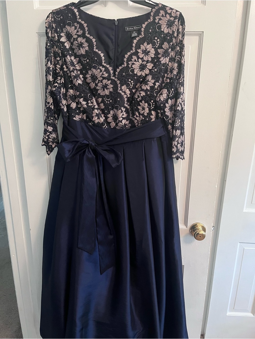 Jessica Howard Navy Satin Skirt with  Lace Bodice Maxi Dress